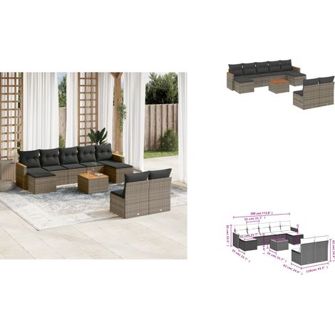 10-tlg. Garten-Sofagarnitur mit Kissen Grau Poly Rattan - Gartenmöbel - Sofasatz - PE-Rattan Möbel - Outdoor Sofa - Esstisch Set (1/3)