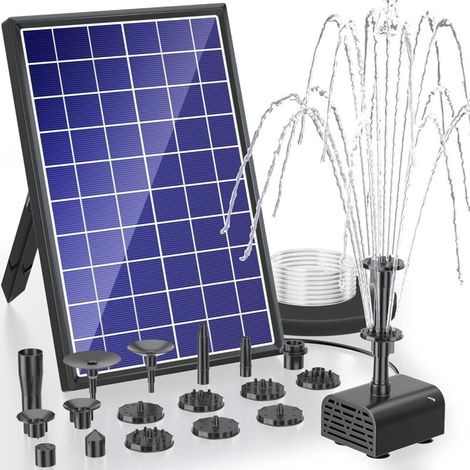 Solarbrunnenpumpe 7,5 W für Garten und Außen-Teich – integrierter Akku (3600 mAh), Förderleistung 525 l/h, inkl. 10 austauschbarer Düsen und 1,5 m Schlauch – ideal für Vogelbäder und kleine Teiche