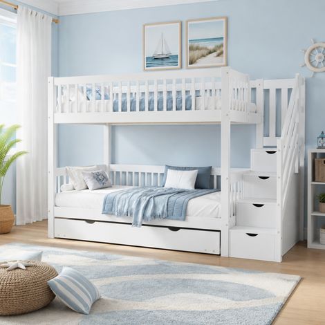 DESMIU Lit superposé avec lit gigogne 90 × 200 cm 2 places, avec rangement d'escalier et barrière, sans matelas, blanc (1/5)