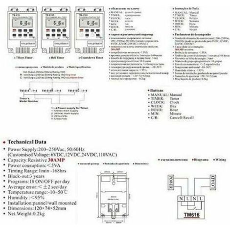 1 Programmateur horaire, Interrupteur relais TM616 12V, Écran LCD 6500W 30A, Tableau électrique domestique (1/4)
