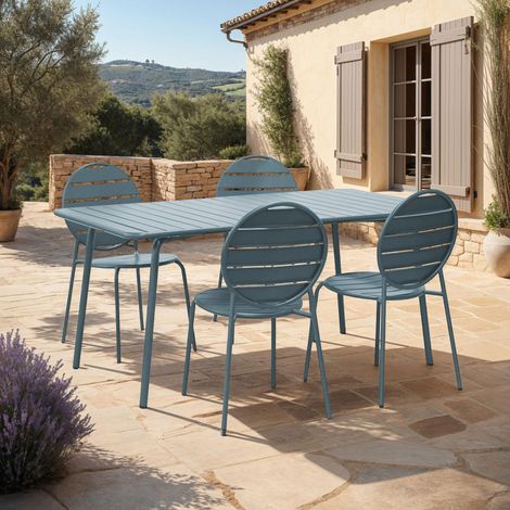 Ensemble table de jardin + 4 chaises rondes en métal bleu gris - BACA