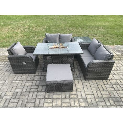 Fimous Patio Rattan Gartenmöbel Set mit Gas Feuergrube Esstisch, großer Hocker und Beistelltisch Indoor Outdoor 6-teilige Liebe Sofa Set (1/5)