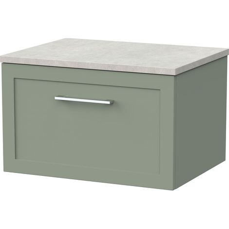Stonnall Traditional Wall Hung 1 Drawer Vanity Unit with White Sparkle Laminate Worktop, 600mm, Reed Green (1/4)