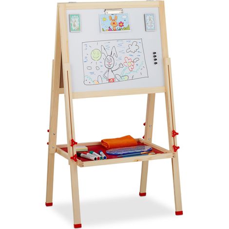 Relaxdays Children’s Blackboard, Whiteboard and Chalkboard, Height-Adjustable, Standing, 102-135 x 55 x 52 cm, Natural
