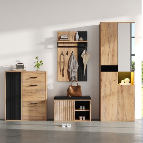 Ensemble vestiaire d'entrée 4 pièces - meuble à chaussures et  banc à chaussures - Armoire et porte-manteau - Naturel + Noir