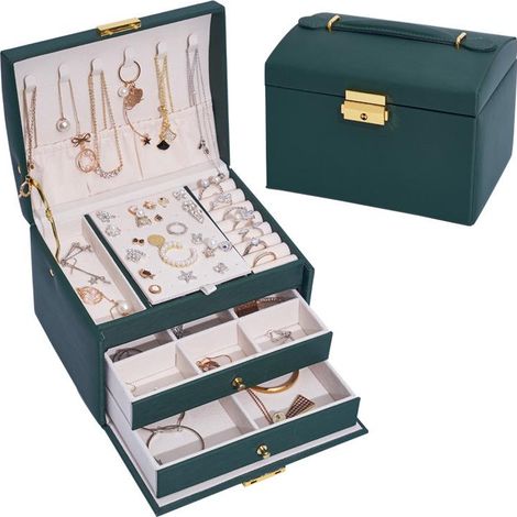 Coffret à bijoux pour femme et fille (vert foncé), boîte de rangement et organiseur de bijoux pour bagues, bracelets, boucles d'oreilles, montres, lunettes - Idée cadeau de Noël (1/5)