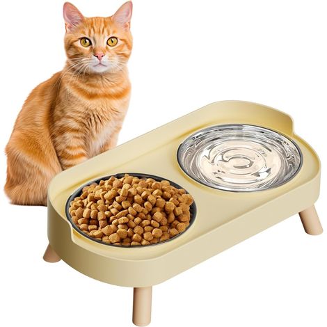 Elevated Cat Bowl, Raised Cat Food and Water Bowl Set for Indoor Cats, Splash Proof with 2 Stainless Steel Pet Food Bowls for Cats and Puppies, Whisker Fatigue and Dishwasher Safe - Yellow (1/5)