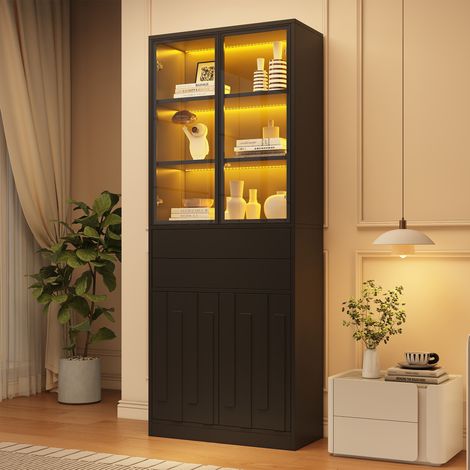Vitrine LED 70×34×180 cm avec 2 tiroirs, armoire haute à portes vitrées, vitrine haute en verre avec éclairage LED, meuble de salon avec portes vitrées, cuisine, bureau, entrée, noir (1/5)
