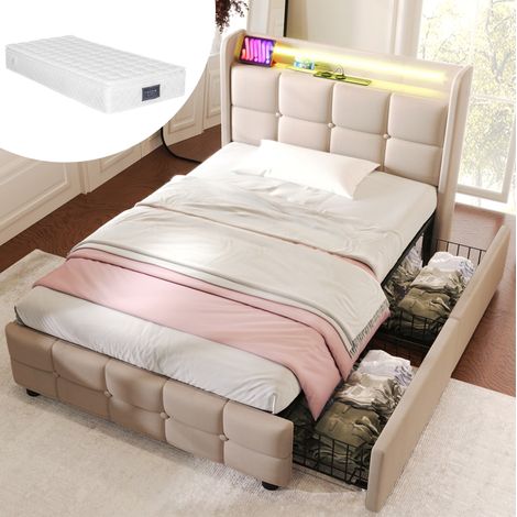 Letto singolo imbottito 90x200 cm beige con testiera USB/presa, LED, 2 cassetti, ripiano e materasso a molle (1/5)