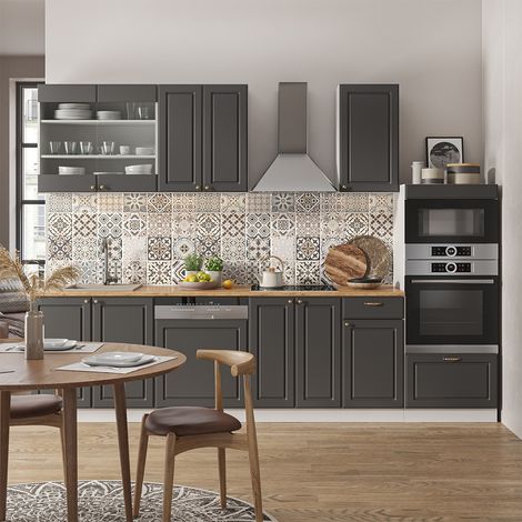 Mueble de cocina Fame-Line, Antracita-Oro/Blanco, 300 cm con armario alto, ET Mármol, Vicco
