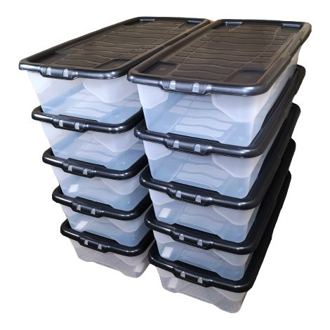 10 x 42L Clear Under Bed Storage Box with Black Lid, Stackable and Nestable Design Storage Solution (1/5)