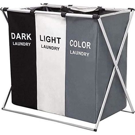 (Gris + Blanc + Noir)Grand Panier à Linge Pliable 3 Compartiments avec poignée 155L pour Salle de Bain, Chambre à Coucher, Maison 68x 38 x 60 cm (1/4)