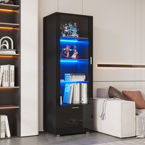 MEUBLIV Vitrine noire brillante 40x50x160 cm – LED, porte acrylique et rangement fermé (1/5)