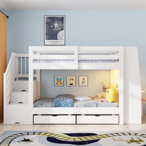 Letto a castello bambini 90x200 cm bianco in legno con scrivania, LED e contenitori - CHICFURN (1/5)