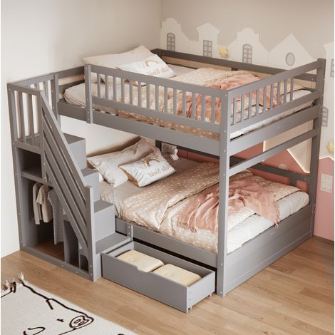 Etagenbett modern 140x200 cm aus Holz Grau mit Lattenrosten, Stauraumtreppe und Schubladen (1/5)