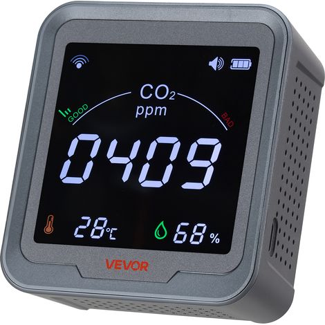 VEVOR Detecteur CO2 400-5000 ppm Moniteur Dioxyde de Carbone Qualite de lAir avec Affichage Temperature Humidite, Cable de Capteur NDIR 4,5 m, pour Utilisation en Exterieur, Maison, Bureau, Voiture