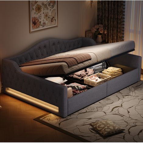 letto contenitore 140x200 LED imbottito grigio OKMYHOME (1/5)