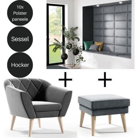 Wohnzimmerset 10 Stk. Polsterpaneele 30x40cm + Sessel + Hocker Grau Samt (1/5)