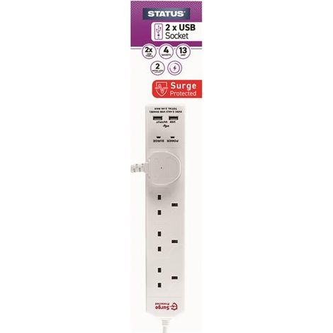 STATUS S4W2M2XUSB1PK4 Extension Lead 240V 4-Gang + 2 USB 13A 2m White SIN4SM2WUSB2