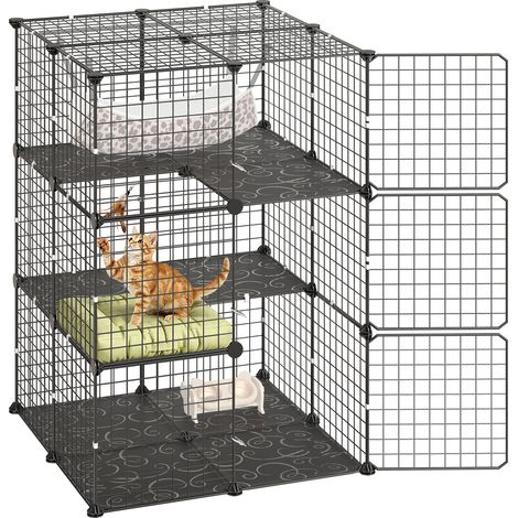 Mophorn Katzenkäfig 3-stöckig, Haustiergehege 71,1 x 71,1 x 104,1 cm, DIY-Katzenlaufstall mit Hängematte, abnehmbarer Metallkäfig für den Innenbereich, geeignet für 1-2 Katzen oder Kleintiere, Schwarz (1/5)