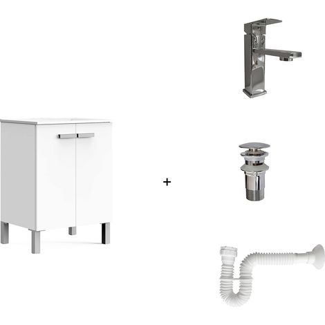 Solution complète Comprenant : Meuble de Salle de Bain, lavabo en céramique, Robinet, Siphon Extensible et vanne de vidange. Meuble assemblé. Livraison Tout-en-Un. sans Miroir 60 cm Blanc (1/5)