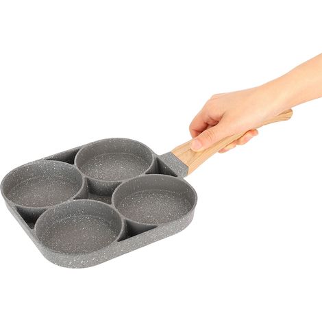 Poêle à frire Maifan en pierre à quatre trous, poêle à frire pour hamburgers du petit-déjeuner, manche en bois, convient aux plaques à induction et aux cuisinières électriques. (1/5)