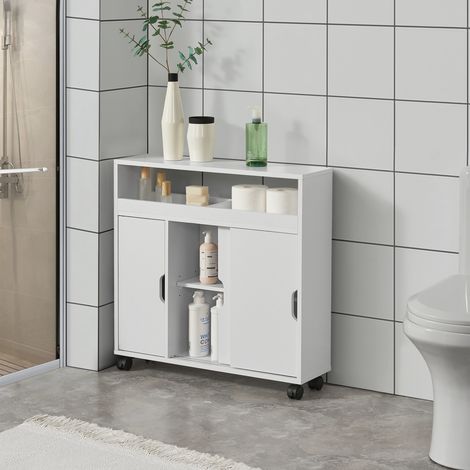 Mobile da Terra Lumijoki con Ante Scorrevoli e 4 Ruote 71x70x20 cm - Bianco [en.casa] (1/4)