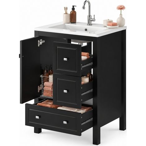 ELVMI Waschtischunterschrank mit 1 Tür und 3 Schubladen, Keramikbecken mit Überlauf, MDF Schwarz, 62 x 47 x 90 cm (1/5)