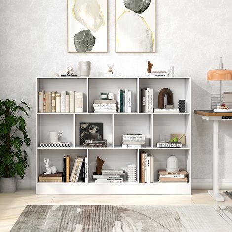 Bibliothèque Armoire à Livres 10 Cases 3 Niveaux Bois Blanc 140 cm Autoportante (1/3)