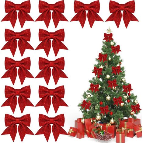 Rote Weihnachtsbaumschleife, Weihnachtsschleifen aus Schleifenband, rote Weihnachtsschleife, glitzernde Weihnachtsschleifen, für Weihnachtsbaumschmuck, Festtagsdekorationen (Red12) (1/5)
