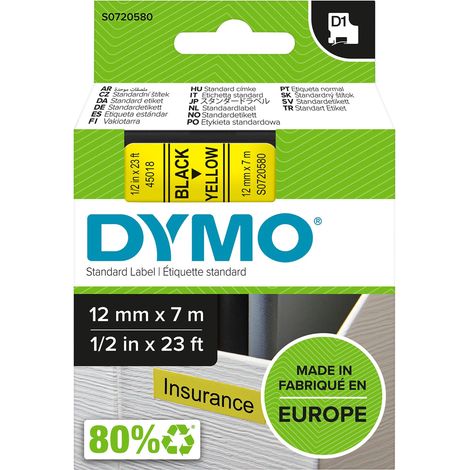 Dymo D1 Etichette Autoadesive per Stampanti LabelManager, Rotolo da 12 mm x 7 m, Stampa Nero su Giallo, 1 Pezzo