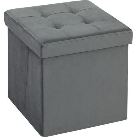 Pouf Coffre Ildefonso Velours Capitonné Pliable Gris Rangement Confortable