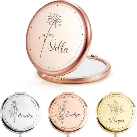 Espejo de bolsillo personalizado – Espejo compacto hecho a medida con nombre o monograma, accesorio de maquillaje portátil para mujeres, ideal para bolso o viaje (flores de cumpleaños) (1/5)