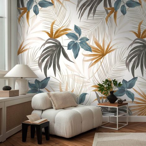 Fototapete Profhome 791451 heißgeprägte Vliestapete leicht strukturiert mit floralen Ornamenten matt creme petrol braun-grau orange-gelb 1,59 m x 2,8 m