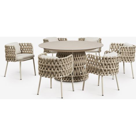 Set de mesa redonda Ø140 cm en cerámica y 6 sillas de jardín con reposabrazos en aluminio y cuerda trenzada Tevary SKLUM        (1/5)