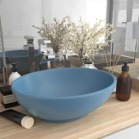 vidaXL Lavabo ovale de luxe Bleu clair mat 40x33 cm Céramique (1/5)