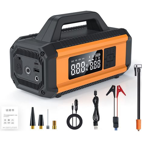 Avviatore di emergenza multifunzionale con compressore d'aria, pompa d'aria portatile senza fili da 150 psi, power bank da 10.000 mAh, luce LED per auto, SUV, furgoni e trattori a 12V.