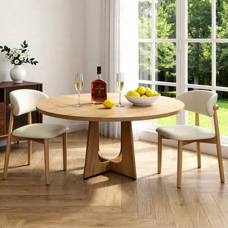 Ensemble de salle à manger rond modulaire composé d'une table et de deux chaises, plateau en MDF plaqué chêne, chaises en chêne massif plaqué bois naturel, idéal pour le salon et la salle à manger. (1/5)