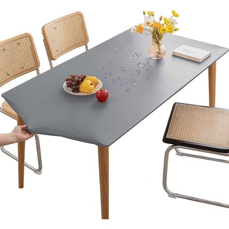 1 tovaglia rettangolare con elastico, grigia, 90x150 cm, tovaglia rettangolare elasticizzata, antimacchia, impermeabile, in PVC, asciugabile, ideale per cucina, giardino e viaggi.