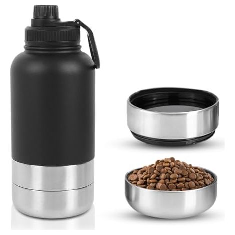 Gourde pour chien 950 ml 4 en 1 portable avec gamelle pour eau et nourriture, en acier inoxydable isotherme, sans BPA, accessoire de voyage pour chien idéal pour les promenades et la randonnée. (1/5)