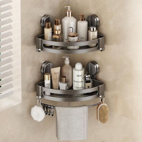 Etagere Douche Angle Ventouse, Etagere Angle Salle De Bain sans Percage avec Porte Serviettes et Crochets Rangement et Organisation de La Salle de Bain Support Gel Douche(2 PièCes, Gris) (1/5)