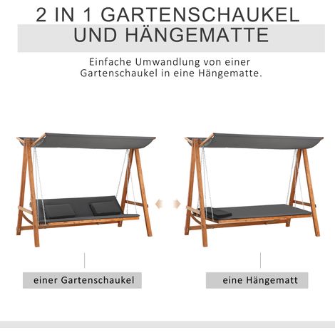 Balancelle de jardin 3 places convertible en lit, bois de mélèze gris et teck, avec pare-soleil ajustable, banc suspendu pour terrasse, support 250 kg, 225,5 x 113 x 180 cm (1/4)