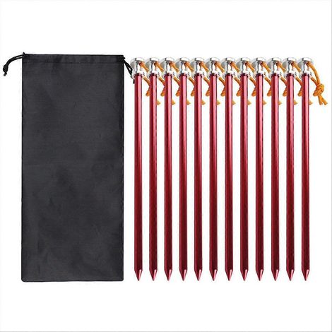 12Piquets de tente 23cm Rouges avec Sac de Rangement - Sardines Solides pour Camping, Lot de 12, Fixation au Sol Robustes (1/5)