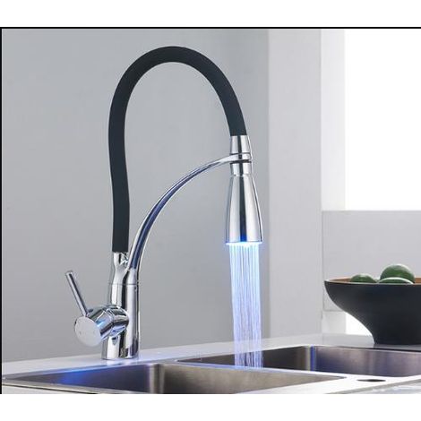 Kaelt - Robinet de cuisine, robinet de cuisine LED avec douchette extractible, mitigeur de cuisine rotatif à 360° noir, robinet d'évier de cuisine en laiton (1/5)
