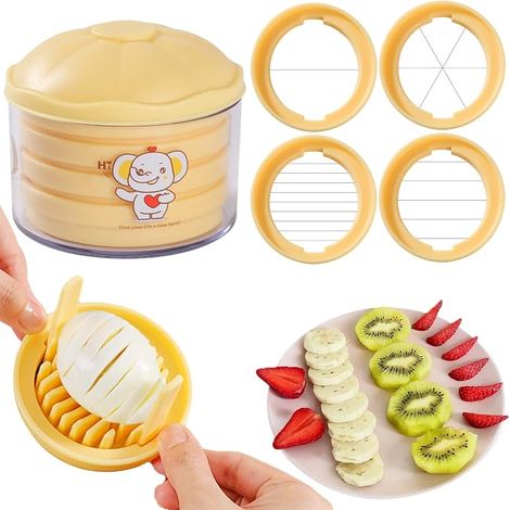 Trancheur à œufs, Coupe-œufs à fil en acier inoxydable 4 en 1, Trancheur à fraises avec récipient, Outil multifonction de découpe et de hachage pour œufs durs et fruits mous (1/4)