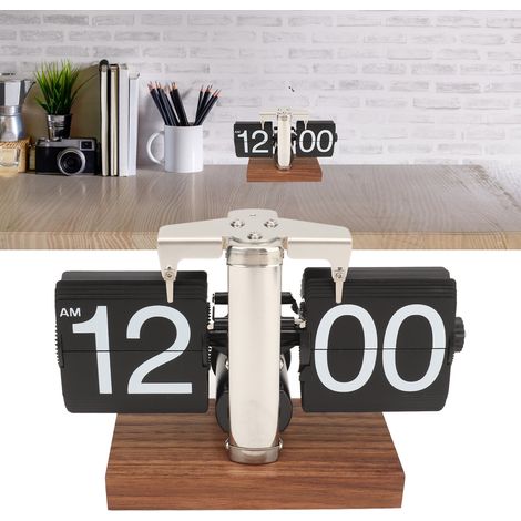 Horloge à affichage automatique minimaliste et créative, objet de décoration rétro pour bureau ou salon, horloge mécanique numérique pour la maison, base en bois noir 12 heures, acier inoxydable. (1/5)
