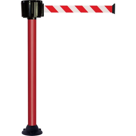 Poteau alu rouge à sangle grande longueur hachurée rouge/blanc 12m x 50mm sur socle fixe - 2810210