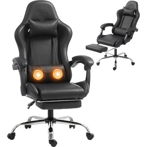 Chaise gaming - HOMCOM - coussin lombaire massant - inclinable - appui-tête amovible - cuir synthétique - 60 x 67 x 131 cm - noir (1/5)