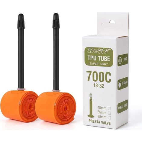 2 Camere d’Aria 700C x 18-32 da 65mm in TPU Arancione per Bici da Corsa 40g, Valvola Presta Lunga Bici da Corsa, Road Racing, Gravel, Trekking, Ultra Leggero (1/4)
