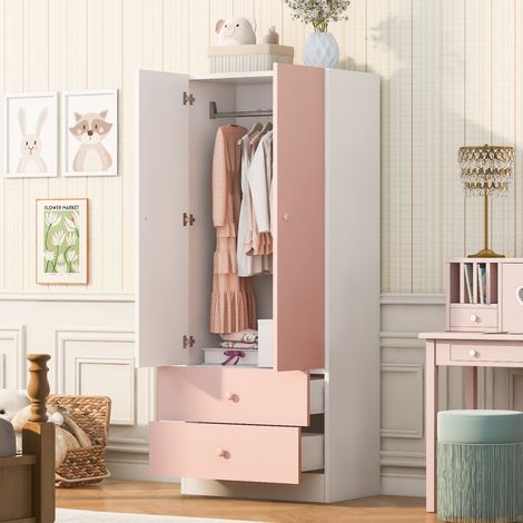 Armadio con Barra Appendiabiti e 2 Cassetti, Design Bicolore, per Camera da Letto, Compensato e MDF, Rosa e Bianco, 70 × 40 × 170 cm (1/5)